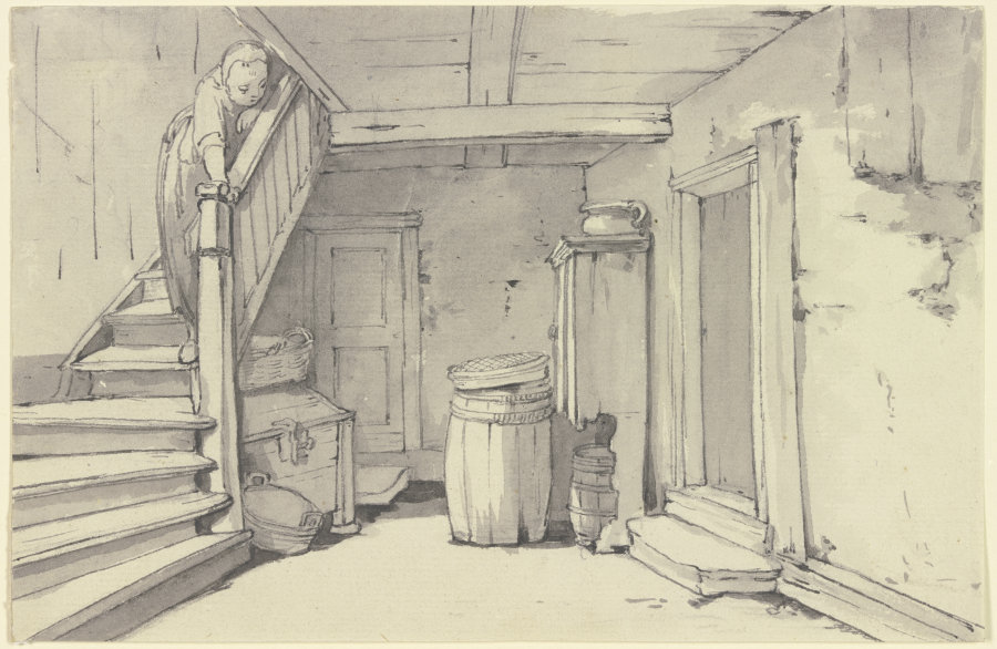 Diele in einem Bauernhaus, links eine Treppe, auf der ein Mädchen steht from Georg Melchior Kraus