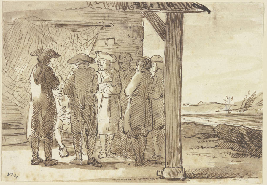 Gruppe von sieben Männern im überdachten Vorbau eines Hauses from Georg Melchior Kraus