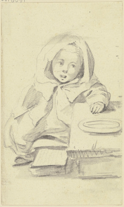 Sitzendes Kind mit großer Kapuze, vor ihm ein Teller from Georg Melchior Kraus