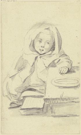 Sitzendes Kind mit großer Kapuze, vor ihm ein Teller