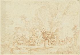 Tanzendes Hirtenpaar bei einer Herde, ein am Boden sitzender Junge spielt Flöte