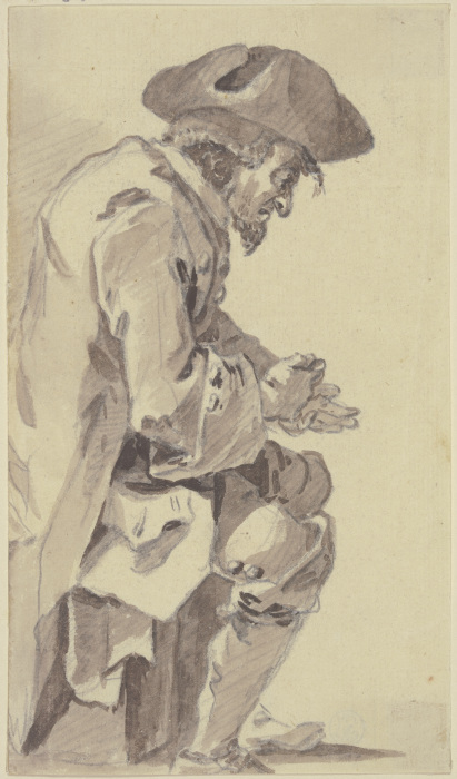 Vorgebeugt sitzender alter Mann mit Dreispitz, im Profil nach rechts from Georg Melchior Kraus