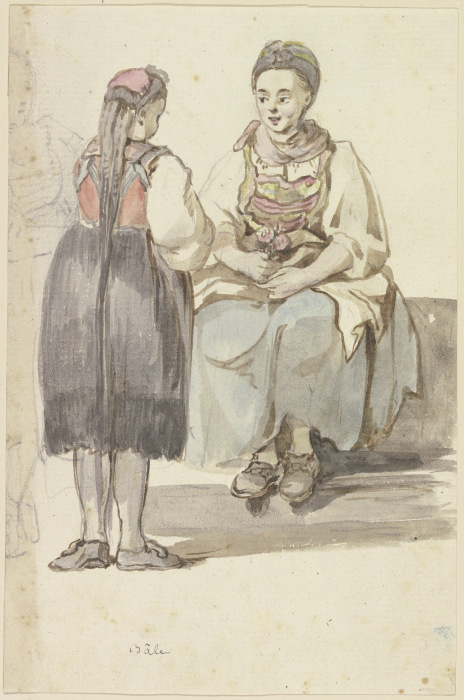 Zwei Schweizer Bäuerinnen, die linke stehend, vom Rücken gesehen, die rechte sitzend, von vorne from Georg Melchior Kraus