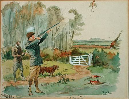 The Month of October: Pheasant Shooting (pen & ink and w/c on paper) from George Derville Rowlandson