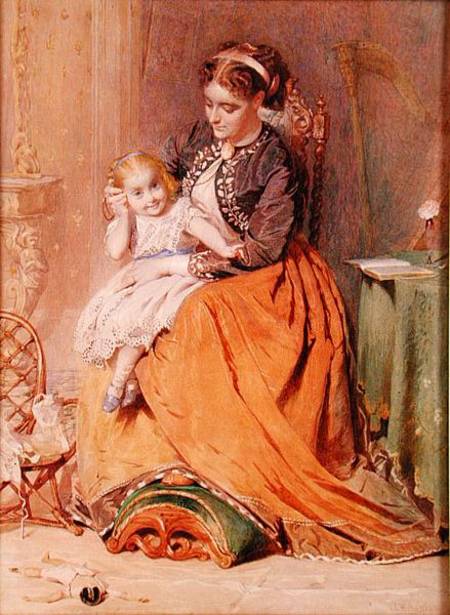 "Tick, Tick, Tick" - a girl sitting on her mother's lap listening to her gold watch ticking from George Elgar Hicks