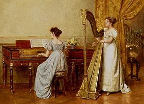 Two women in an interior playing instruments. from George Goodwin Kilburne