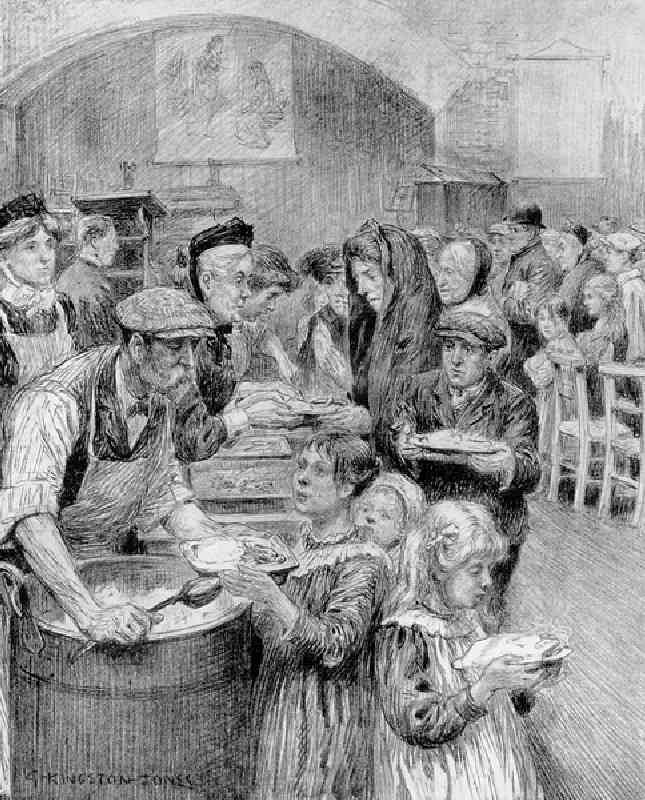 Free Meals for Londons Poorest Citizens: The Scene at a Daily Graphic Soup Kitchen, 1910 (pencil on  from George Kingston-Jones