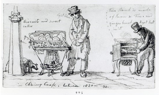 Biscuit and Gingerbread stalls at Charing Cross, 1820-30 from George the Elder Scharf