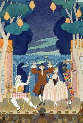 Pantomime Stage, illustration for 'Fetes Galantes' by Paul Verlaine (1844-96) 1924 (pochoir print)