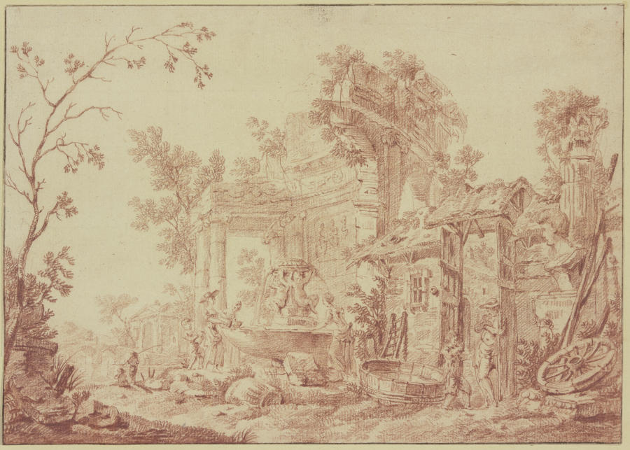 Unter römischen Ruinen ein Brunnen mit zwei Amoretten, an welchem Wäscherinnen beschäftigt sind from Georges-François Blondel