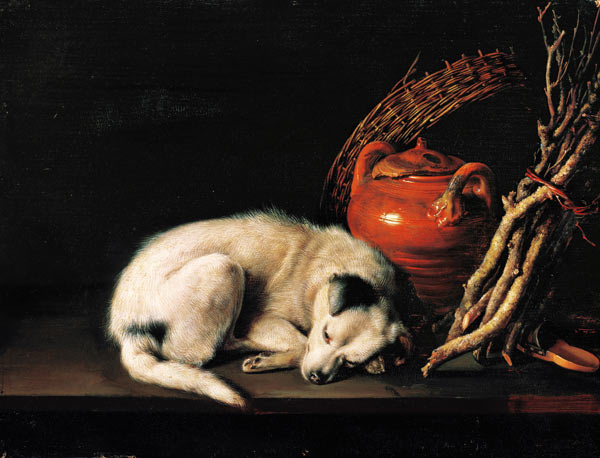 Ein schlafender Hund neben einem Terrakottakrug, einem Korb, einem Paar Clogs und Zündholz from Gerard Dou