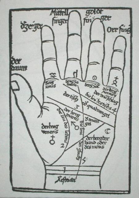 Chiromantic hand, illustration from 'Physiognomonia' by B. Cocles, published in Strasbourg from German School