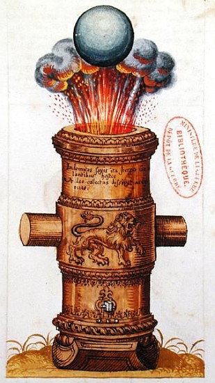 Raised cannon firing a cannonball, from ''The Art of Artillery'' from German School