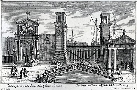 View of the gates at the entrance to the Arsenal in Venice, published Martin Engelbrecht, c.1740s from German School