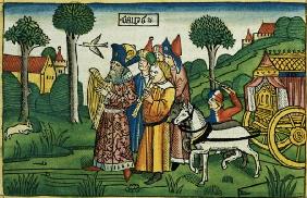 2 Samuel 6 1-5 David brings the Ark to Jerusalem (coloured woodcut)