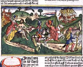 Facsimile copy of Job: Frontispiece, Job being scolded by his wife, his house and family destroyed b