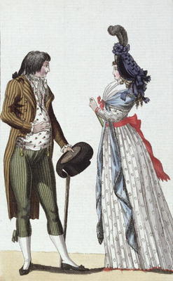 Fashionable couple of the Directoire period (1795-99) (colour engraving) from German School, (18th century)