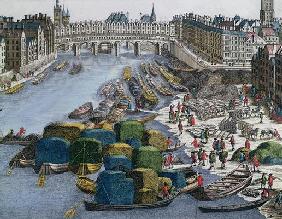 View of the Wheat Port and the Pont au Change looking upstream (coloured engraving)