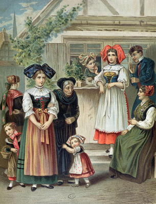 Traditional costumes of the Strasbourg region, c. 1870-80 (colour litho) from German School, (19th century)