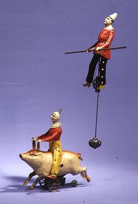Clown on mechanical pig and tightrope walker, c.1900 from German School, (20th century)