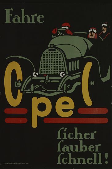 German advertisement for Opel car manufacturer, printed by Hollerbaum und Schmidt, Berlin from German School, (20th century)