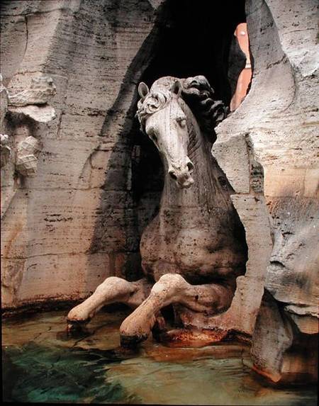 The Fountain of the Four Rivers, detail of a horse, 1648-51 (granite, marble & travertine) from Gianlorenzo Bernini
