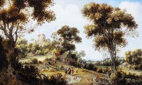 An Extensive Wooded Landscape with Christ on the Road to Emmaus