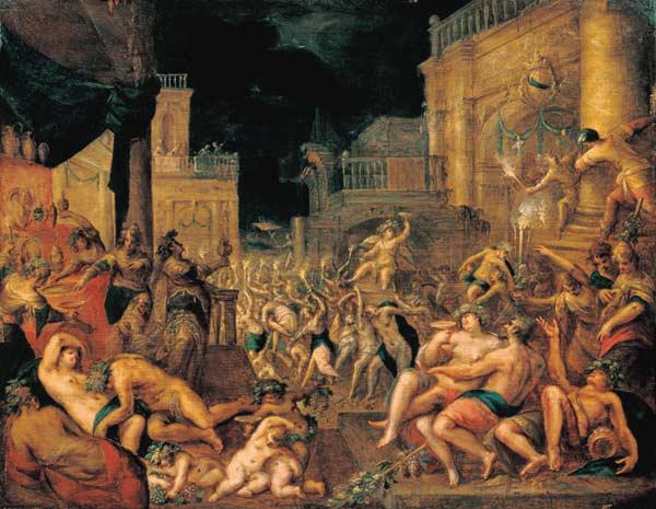 Midas feiert ein Fest zu Ehren von Bacchus und Silen.