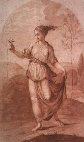 A Young Woman walking bare-footed in a Landscape