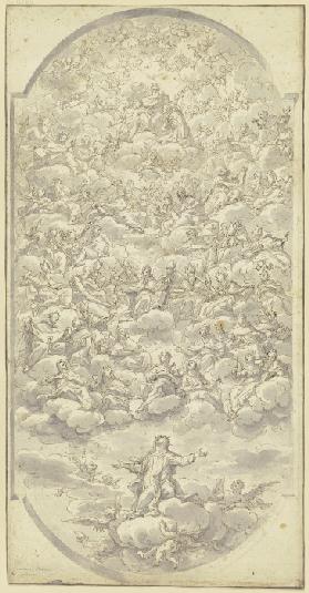 Heilige von vielen Engeln auf Wolken in den Himmel getragen, Gottvater, umgeben von den Helden des A