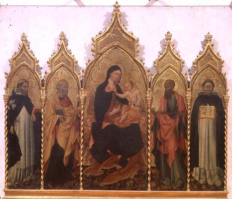 Madonna and Child with SS. Dominic, Peter, Paul and Thomas Aquinas, altarpiece, 1445 (tempera on pan from Giovanni  di Paolo di Grazia