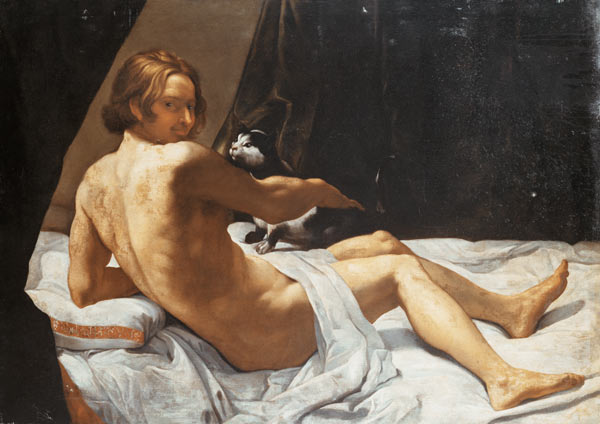 Young Man Lying on a Bed with a Cat from Giovanni Lanfranco