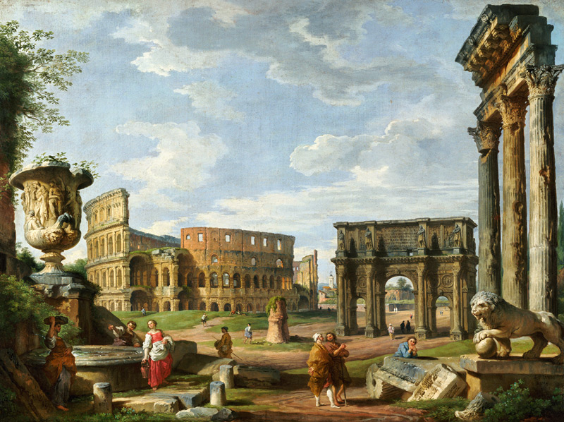A Capriccio View Of Rome With The Colosseum, The Arch Of Constantine And The Temple Of Castor And Po from Giovanni Paolo Pannini
