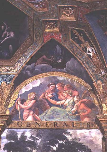 Cupid with Venus and Mercury whom she is sending to capture Psyche, lunette from the Sala di Amore e from Giulio Romano
