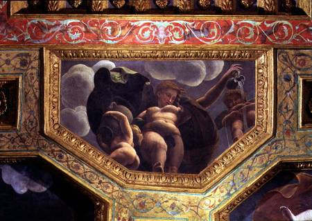 A nymph pouring water from a jug, a putto urinating and another putto holding an urn, ceiling caisso from Giulio Romano