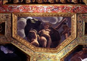 A nymph pouring water from a jug, a putto urinating and another putto holding an urn, ceiling caisso