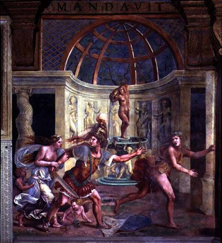 Venus, whose pricked foot stains the petals of a rose red, with Mars who pursues Adonis with an unsh from Giulio Romano