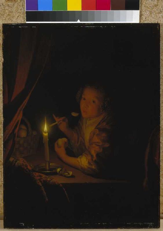 Apple eating girl at candlelight from Godfried Schalcken