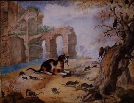 Cat killing mice in a landscape from Gottfried Mind