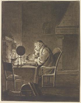 Ein Gelehrter am Tisch sitzend, bei Lampenlicht lesend