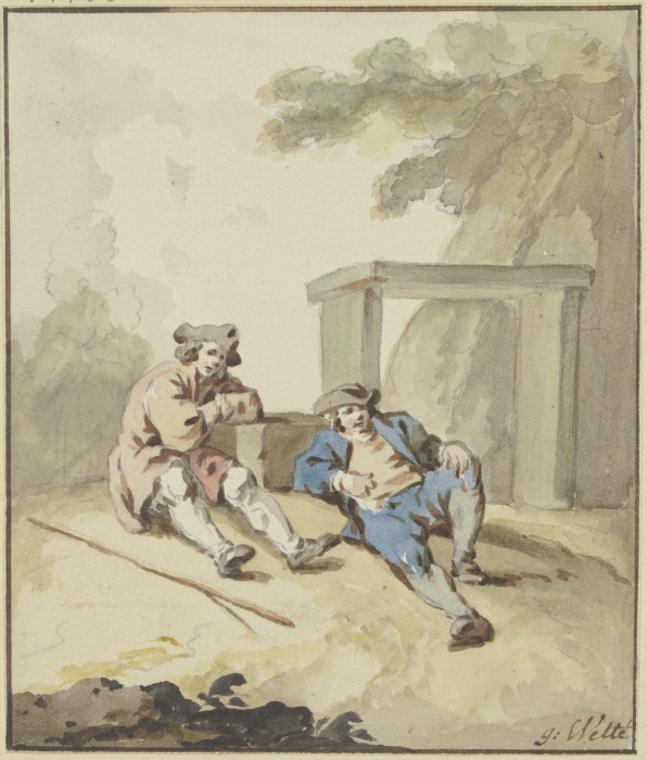 Zwei Männer bei einer Steinbank am Boden lagernd from Gottlieb Welté