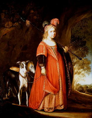 Portrait of a young girl as Diana, in a glade with two greyhounds (oil on canvas) from Govaert Flinck