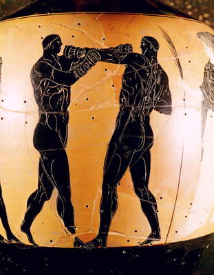 Black-figure Panathenaic amphora depicting a boxing contest, c.336 BC (pottery) from Greek 4th century BC