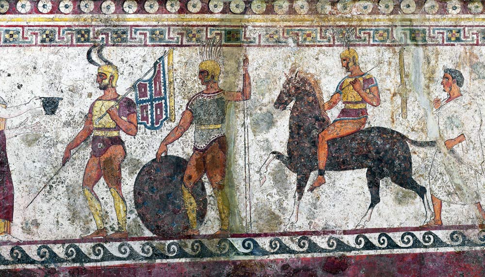 Foot soldiers and cavalry, tomb painting from Paestum from Greek School