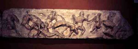 Greeks Fighting Persians, detail of a sculptured frieze from the Temple of Athena Nike on the Atheni from Greek School