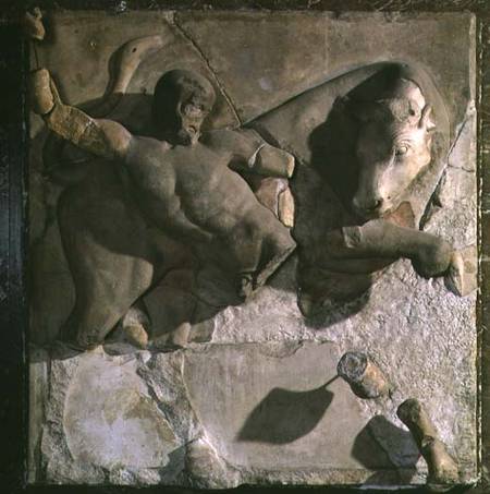 Hercules Fighting the Cretan Bull, one of a series of twelve metopes depicting the Labours of Hercul from Greek School