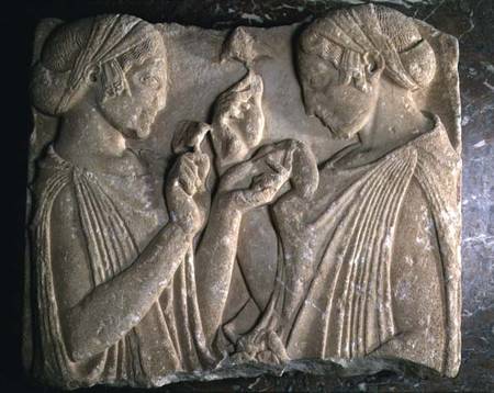 The Stele of Pharsalos depicting the glorifying of the flower, two girls face to face carrying flowe from Greek School