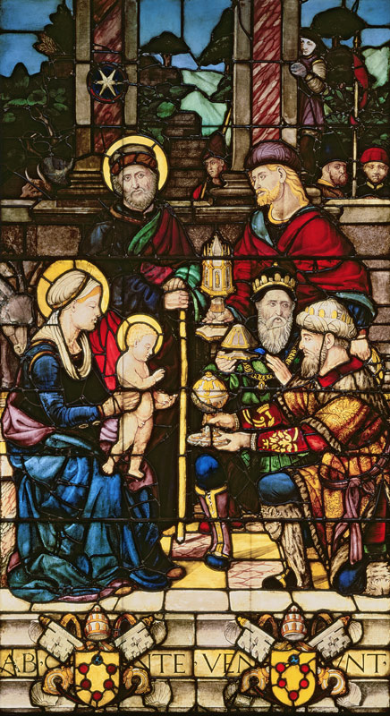 Adoration of the Magi, a stained glass window originally the gift of Pope Leo X to Cortona Cathedral from Gugliemo  de Marcellai