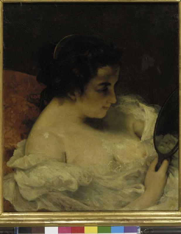 Woman looks at herself in the hand mirror from Gustave Courbet