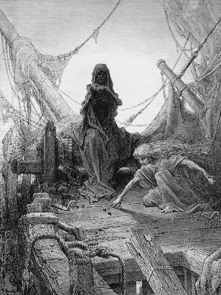 The ''Night-mare Life-in-Death'' plays dice with Death for the souls of the crew, scene from ''The R from Gustave Doré